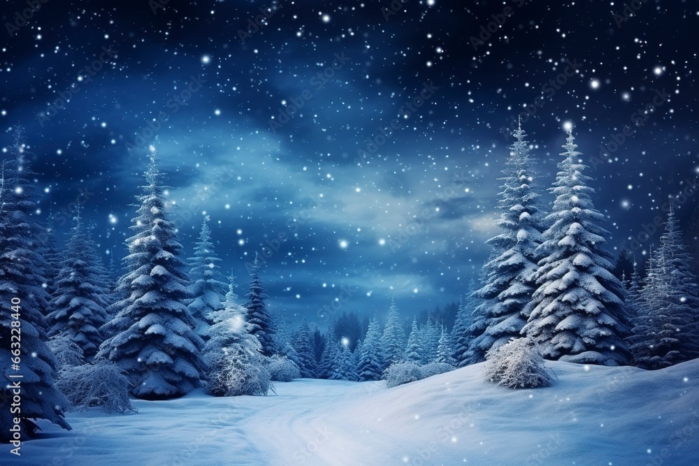 Forest on a mountain ridge covered with snow. milky way in a starry sky. christmas winter night, generative ai