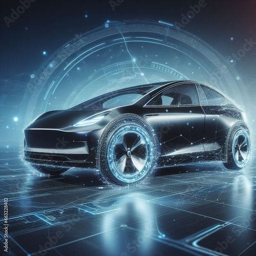 Futuristic black electric car with holographic wireframe digital technology background, a glimpse into the future of transportation.