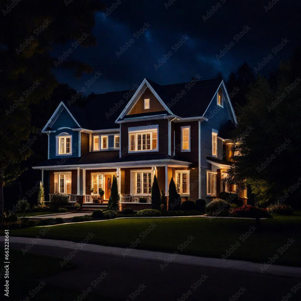 Photo of a beautifully illuminated two-story house at night ai generative