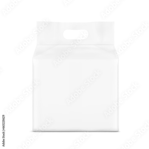 Realistic stand bag with hole handle mockup. Front view. Vector illustration isolated on grey background. Ready for your design. Suite for the presentation of diaper, foods, wet wipe.