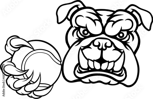 A bulldog dog animal sports mascot holding tennis ball