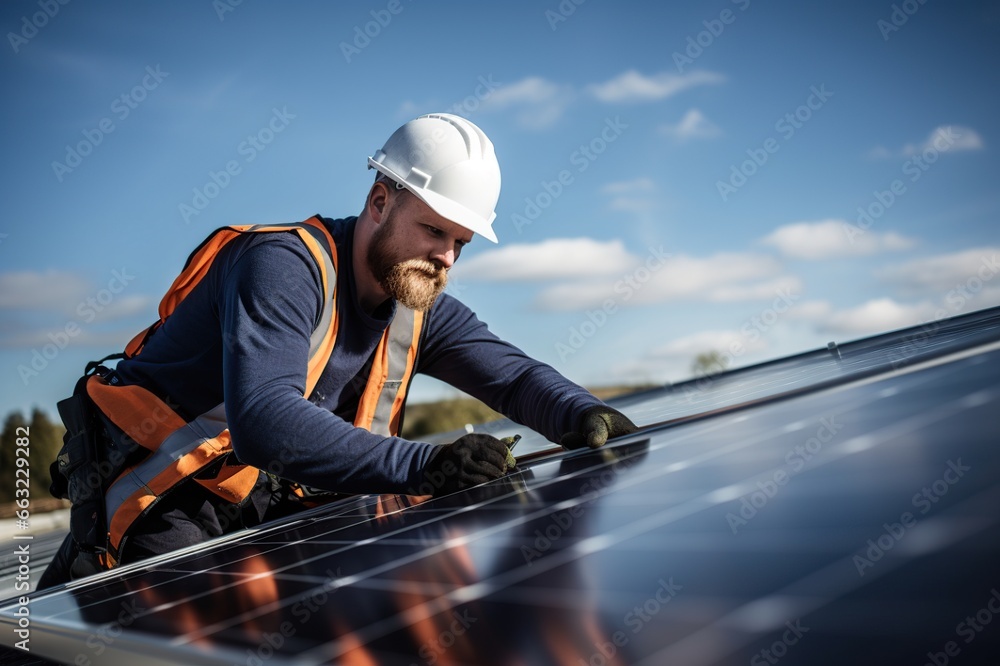 Engineer maintaining solar cell panels on the rooftop, Engineer worker install solar panel. Clean energy concept. Engineer maintaining solar cell panels on the rooftop, Engineer worker install solar panel. Clean energy concept.