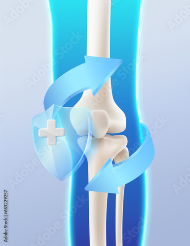 Symbol of bone protection and treatment by specialized doctors. Knee bones and leg bones with glass armor Referring to hospitals, doctors, vitamins for bone health, realistic 3D vector files.