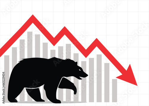 trading bearish position forex stock graph falling down loss bear stand near a big red arrow and bar chart pointing going down