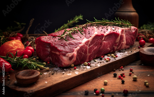 raw piece of beef, meat on a wooden board. Advertisment concept.