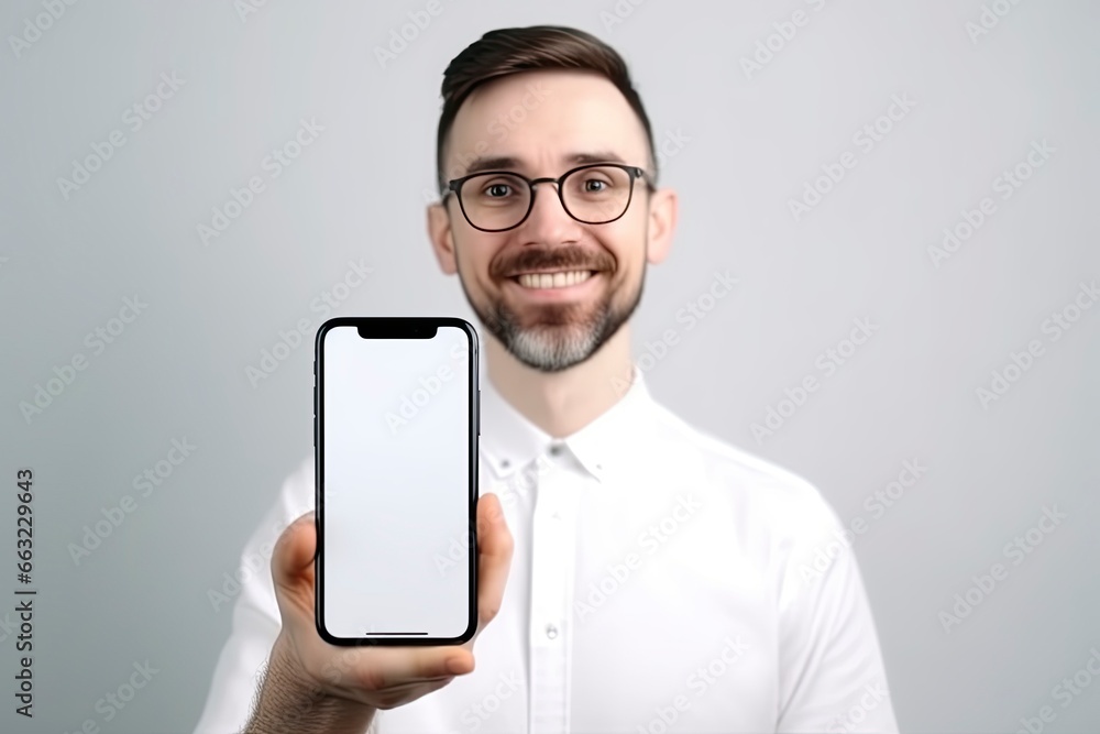 Man Holding phone advertisment copy space for text.AI Generated Man Holding phone advertisment copy space for text.AI Generated