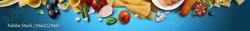 Web page banner of famous Italian food recipes on clean blue background. photo