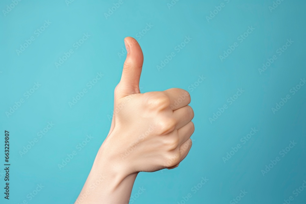 Thump up hand sign isolated on blue background. Copy space for your text. AI Generated Thump up hand sign isolated on blue background. Copy space for your text. AI Generated