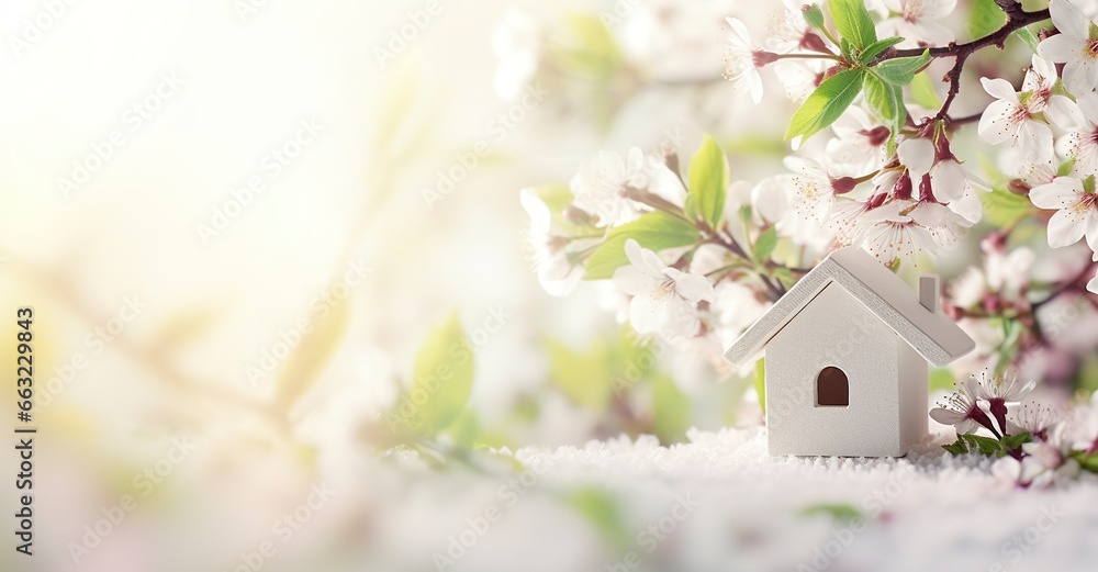 Toy house and cherry flowers, spring abstract natural background. - obrazy, fototapety, plakaty 