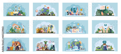 Climate change. Save the planet. Vector illustration Environmental protection is critical for addressing challenges posed by global warming Tackling climate change requires comprehensive strategies