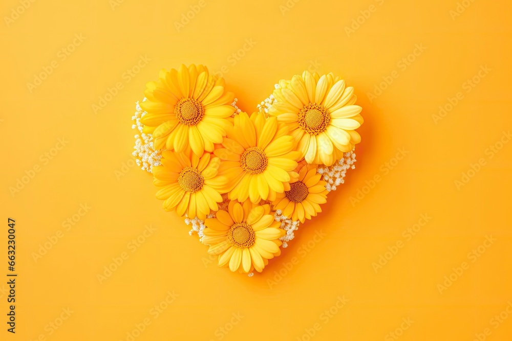 Yellow Heart Shaped By Yellow Daisies Over Yellow Background.