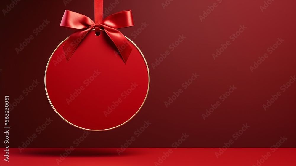 Red Christmas ball with red bow on red background Red Christmas ball with red bow on red background