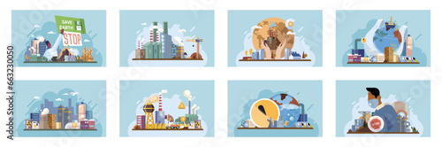 Industrial pollution. Dirty waste. Environmental pollution. Vector illustration. Smokes with smog are causing rise in lung diseases Trash emission must be controlled with better recycling methods