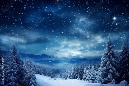 Forest on a mountain ridge covered with snow. milky way in a starry sky. christmas winter night, generative ai © Nia™