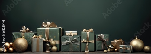 Banner Christmas concept. Festive mood, gift boxes and other New Year's decorations