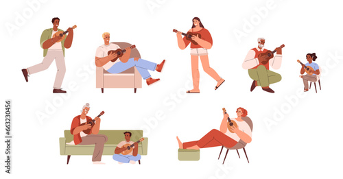 Set of people different sexes and ages playing ukulele flat style