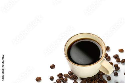 Black coffee and coffee beans on white background