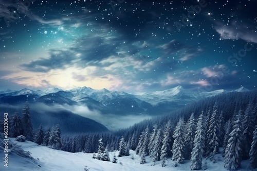 Forest on a mountain ridge covered with snow. milky way in a starry sky. christmas winter night  generative ai