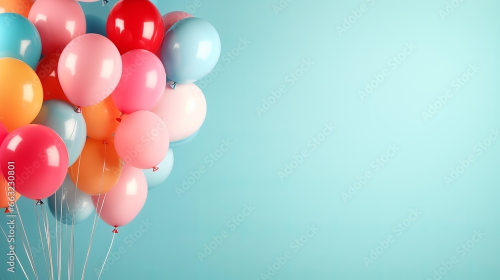 Bunch of colorful balloons on blue background with copy space
