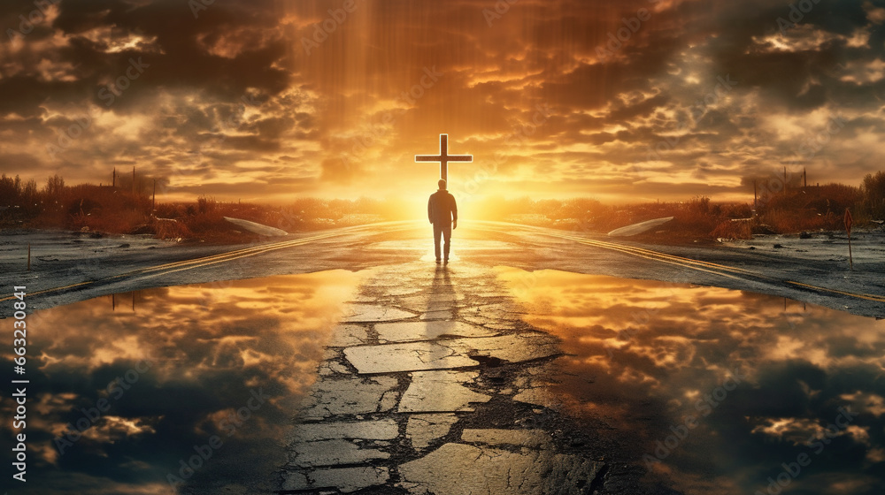 A Man at a Crossroads Must Choose Whether to Take the Road of Damnation or the Road of Prosperity Dark Theme Painting Background - obrazy, fototapety, plakaty 