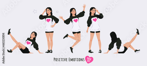 Asian girl  korean narrow eye woman in positive emotions pose set. Wearing cute outfit  oversized crewneck  loose sweatshirt  long sleeve  shorts. Cool looking teenager. Cartoon character illustration