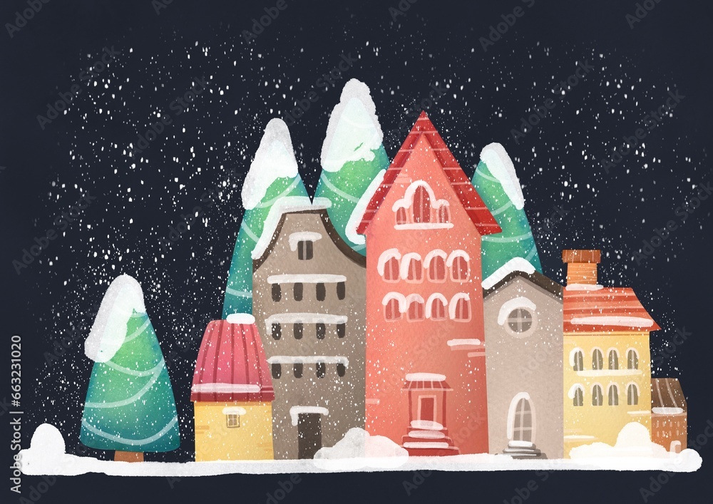 suburban European house set on dark background. Watercolor night illustration of Christmas tree, winter vintage estates snowfall, snowdrifts, snow flakes on old street. new year festive Cozy residence