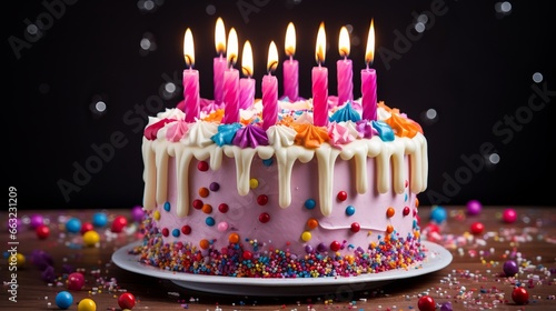 Birthday colorful cake with burning candles on dark background