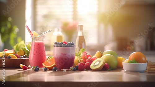 Fruits, smoothies and vegetables on the table - balanced diet, cooking, culinary and food concept - close up of vegetables, fruits and meat on wooden table - Ai photo