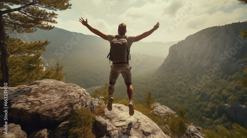 Happy man with arms up jumping on the top of the mountain after the successful trekking- Happy man with open arms standing on the top of mountain - Hiker with backpack celebrating success outdoor - Ai