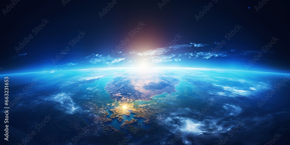 Panoramic view on planet Earth globe from space with rising sun. Glowing city lights, light clouds. Generative AI