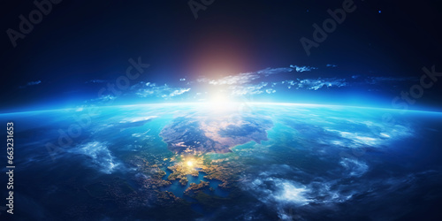 Panoramic view on planet Earth globe from space with rising sun. Glowing city lights, light clouds. Generative AI