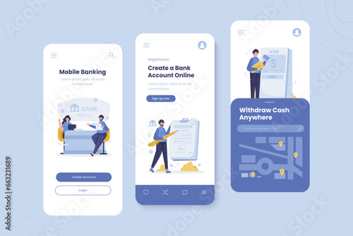 Illustration set of mobile banking application onboard screen template