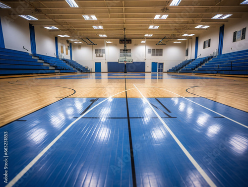The image shows an empty basketball court, numbered 00040, with the words 