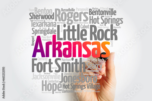 List of cities in Arkansas USA state, map silhouette word cloud, map concept background photo