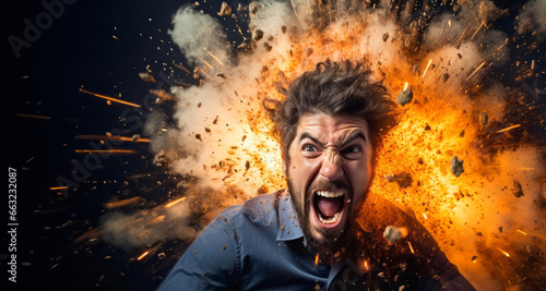 Hombre moreno con pelo largo y barba sorprendido ante explosión, expresión de pánico y estrés en fondo negro. photo