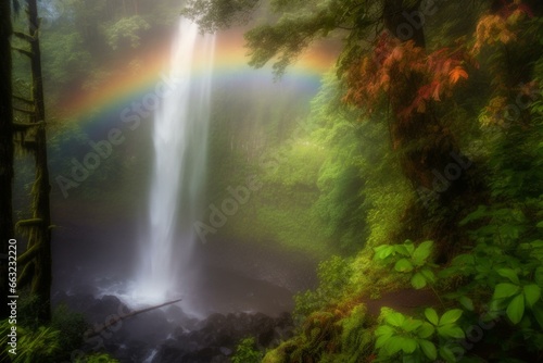 Misty rainbow waterfall concealed in magical woods. Generative AI © Renata