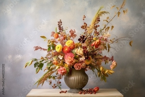 fall flowers arrangement on light background. floral decor. natural floral backdrop. Generative AI