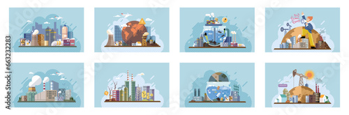 Industrial pollution. Dirty waste. Environmental pollution. Vector illustration. Smokes with smog are warning signs polluted environment Trash emission contributes to both land and air pollution