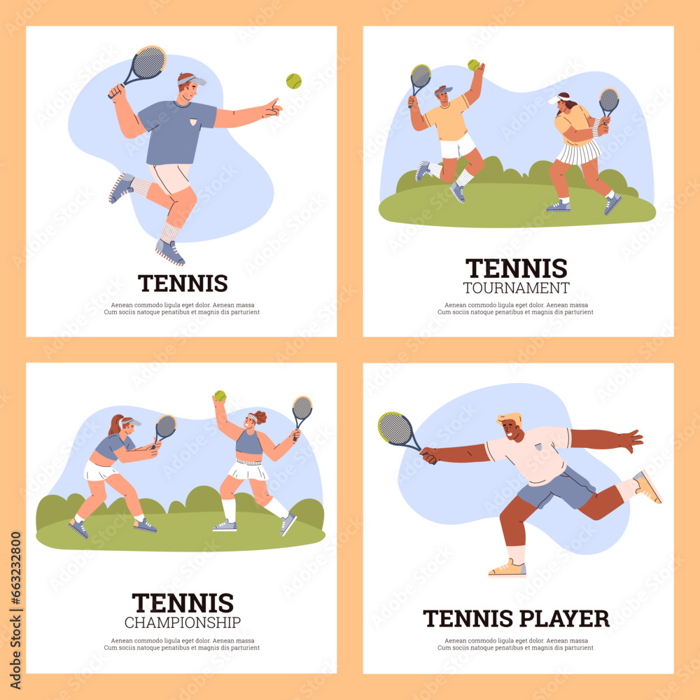 Set of squared banners with tennis players flat style, vector illustration Set of squared banners with tennis players flat style, vector illustration