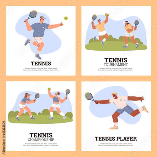 Set of squared banners with tennis players flat style, vector illustration