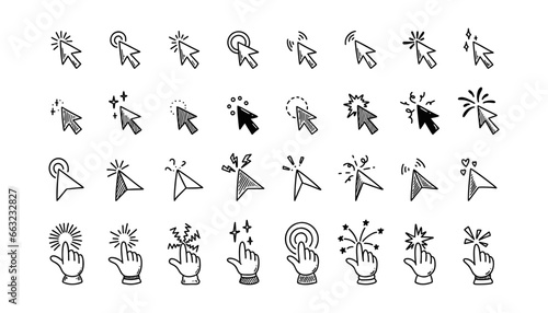 Doodle click icon set. Hand drawn mouse cursor. Press here tap button. Arrow and finger pointer. Sketch vector illustration photo