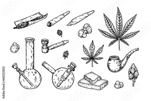Weed smoking tools. Cannabis joint. Hand drawn marijuana spliff. Glass hemp bong. Tobacco pipe. Vector illustration in sketch style