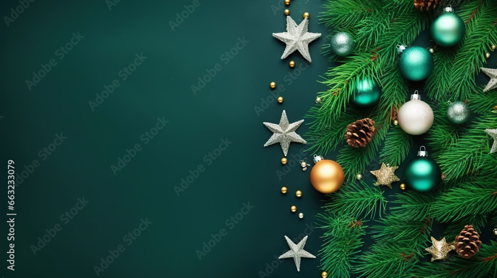 Christmas flat lay with pine, confetti and balls, on green background with copy space. Top view. Generative AI Christmas flat lay with pine, confetti and balls, on green background with copy space. Top view. Generative AI