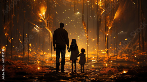 A Man Walk With Two Young Kids Cinematic Cityscape in Atmospheric Lighting Painting Dark Theme Background © BlueMistFilmStudios