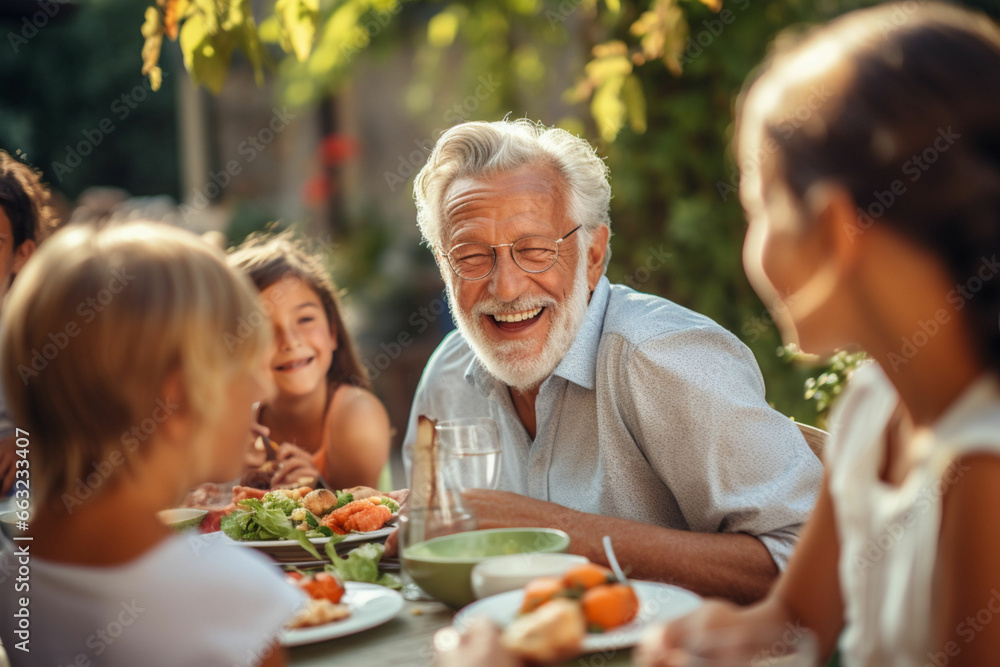 Happy Senior Grandfather Talking and Having Fun with His Grandchildren, Holding Them on Lap at a Outdoors Dinner with Food and Drinks, Adults at a Garden Party Together with Kids