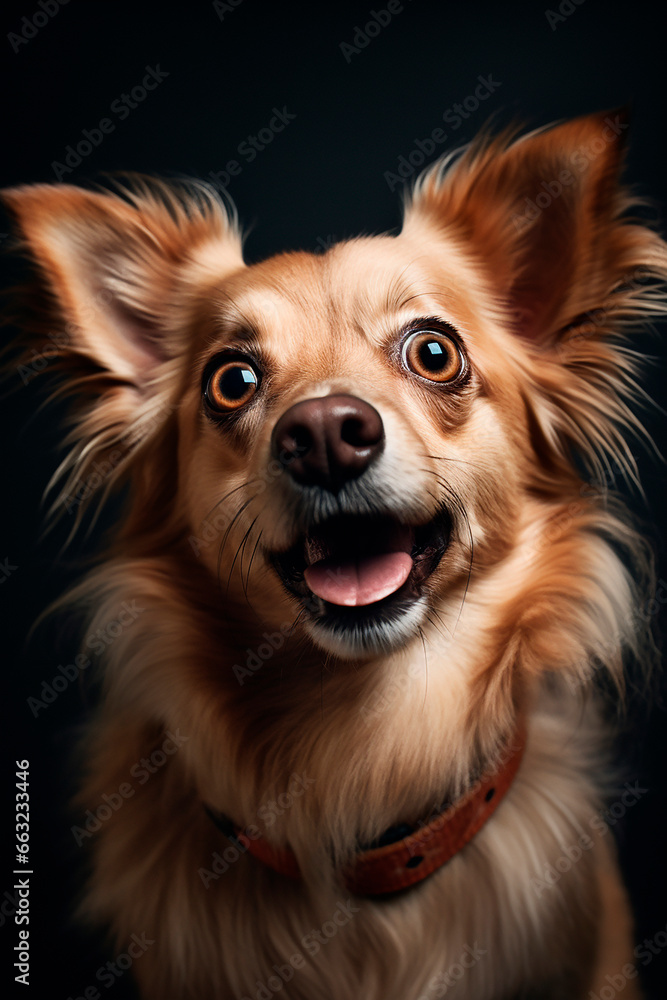 cool, funny portrait of dog in front of dark background