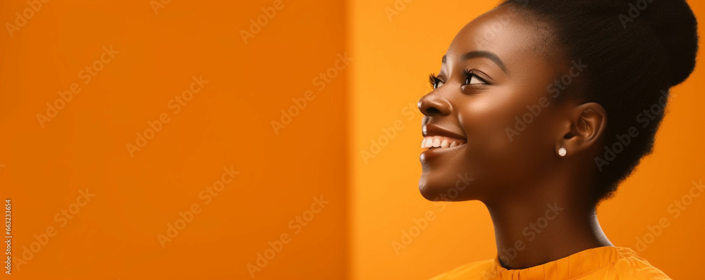 Happy smiling african american girl profile portrait, Black woman looking aside at copy space - obrazy, fototapety, plakaty 
