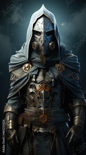 Noble Warrior Portrait of one Medeival Warrior or Knight in Armor and Helmet Posing Alone on Isolated Over Dark Background
