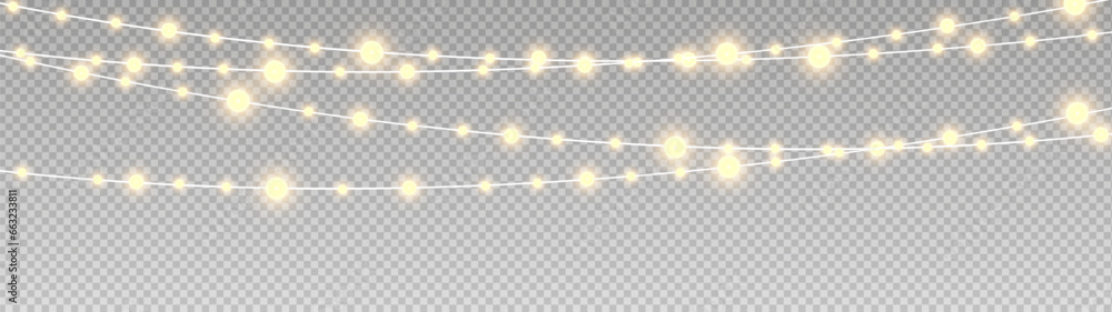 Naklejka premium Christmas lights isolated realistic design elements. Glowing lights for Xmas Holiday cards, banners, posters, web design. Stock royalty free vector illustration. PNG