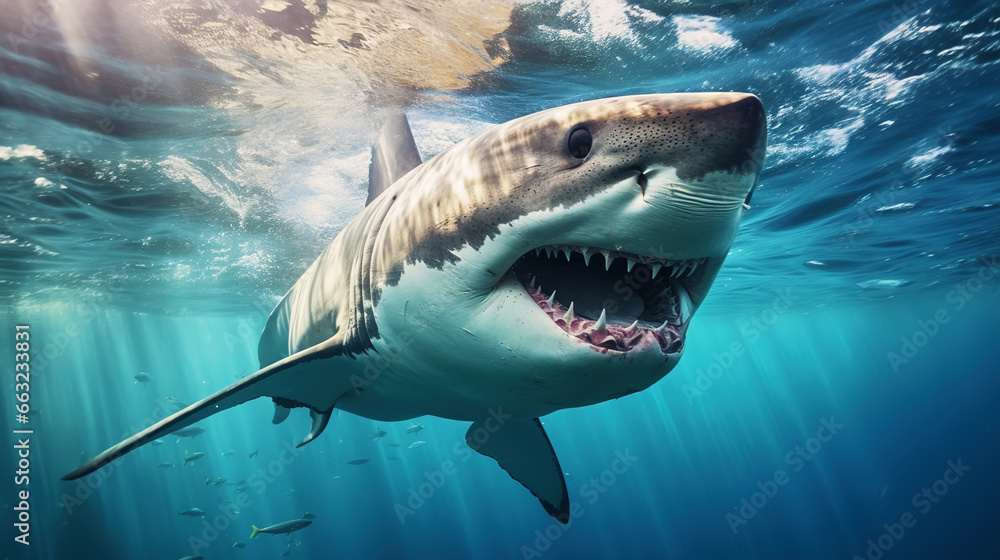 Naklejka premium Shark swimming under sun rays in the blue ocean waters. Generative AI